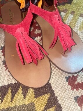 Sesto Meucci Red Orange Suede Tassel Thong Sandals Italy
